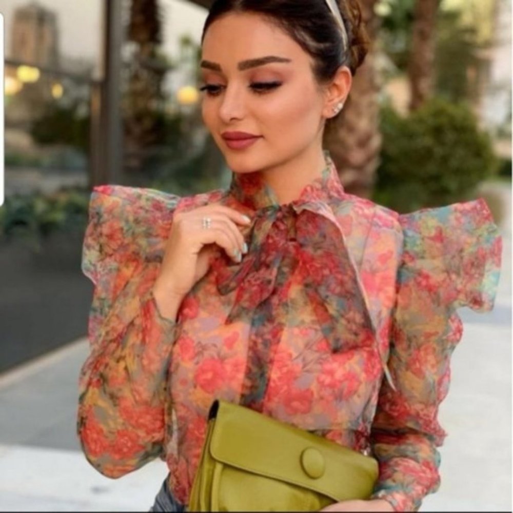 Brand New! Zara Puff Sleeve Statement Blouse Floral Organza Bow Tie Neck Pink - Picture 2 of 14